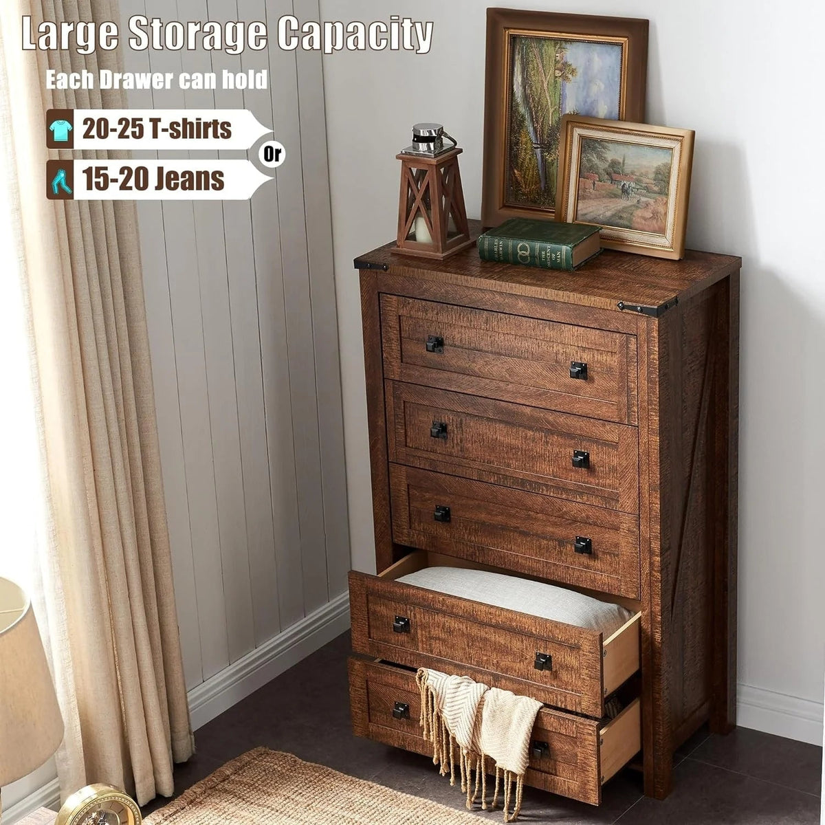 Farmhouse Engineered Wood 5-Drawer Dresser, 15.75in D x 31.25in W x 48in H