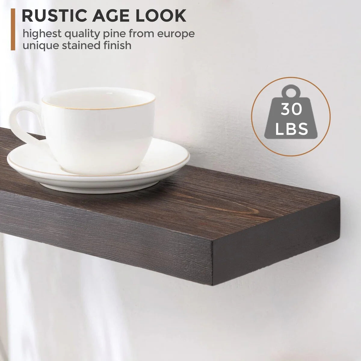 Set Of 2 Handcrafted European Pine Floating Wall Shelves, 16inch/24inch/36inch, Grey/Espresso/Walnut