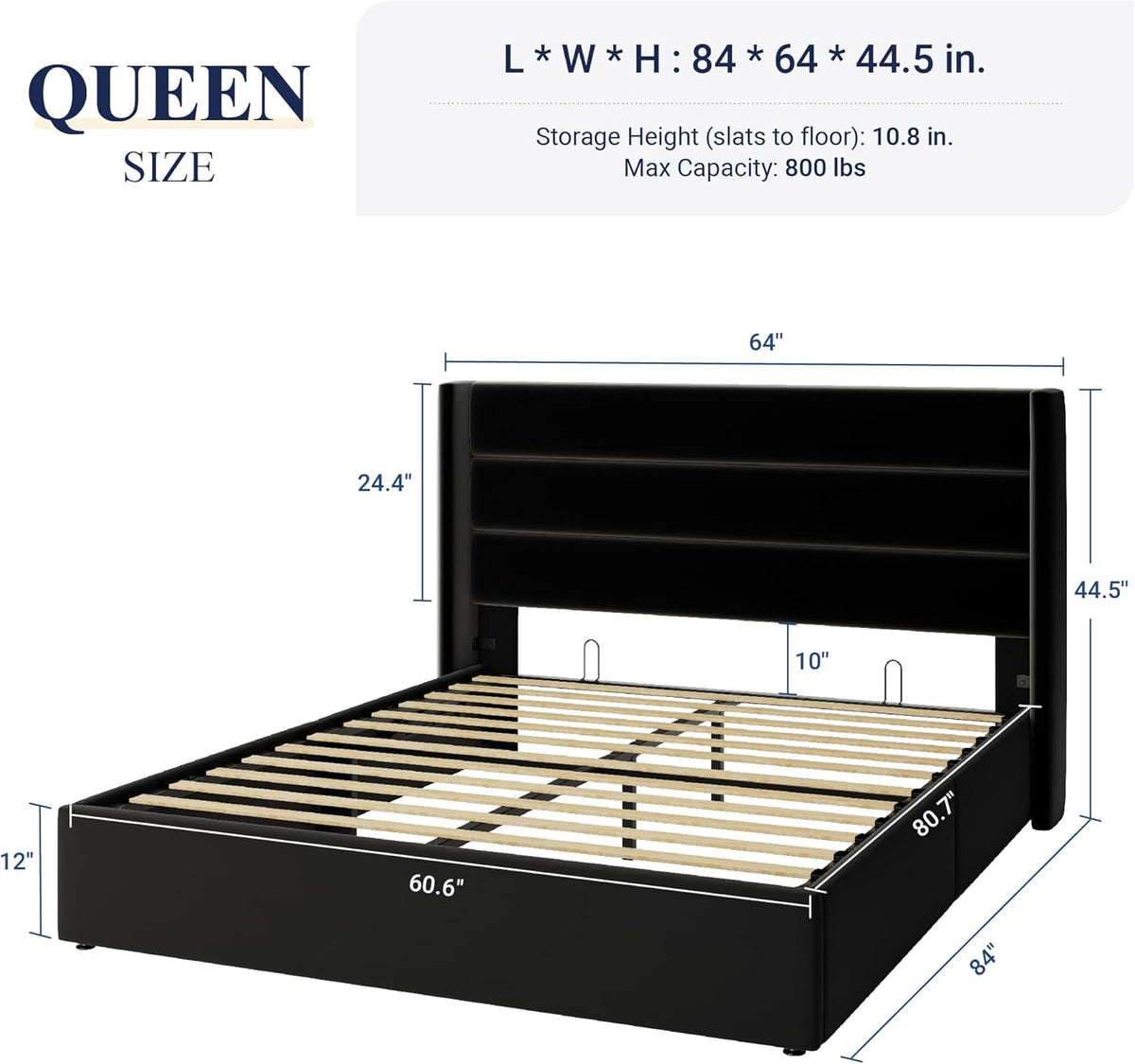 Queen Size Lift-Up Storage Bed With Wingback Headboard, Upholstered Platform Bed Frame With Hidden Storage