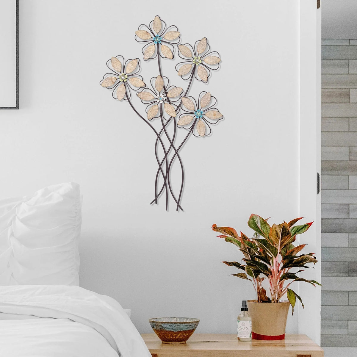 Metal Wall Decor With 5 Flowers, Iron, 19in L x 1.5in W x 30.75in H