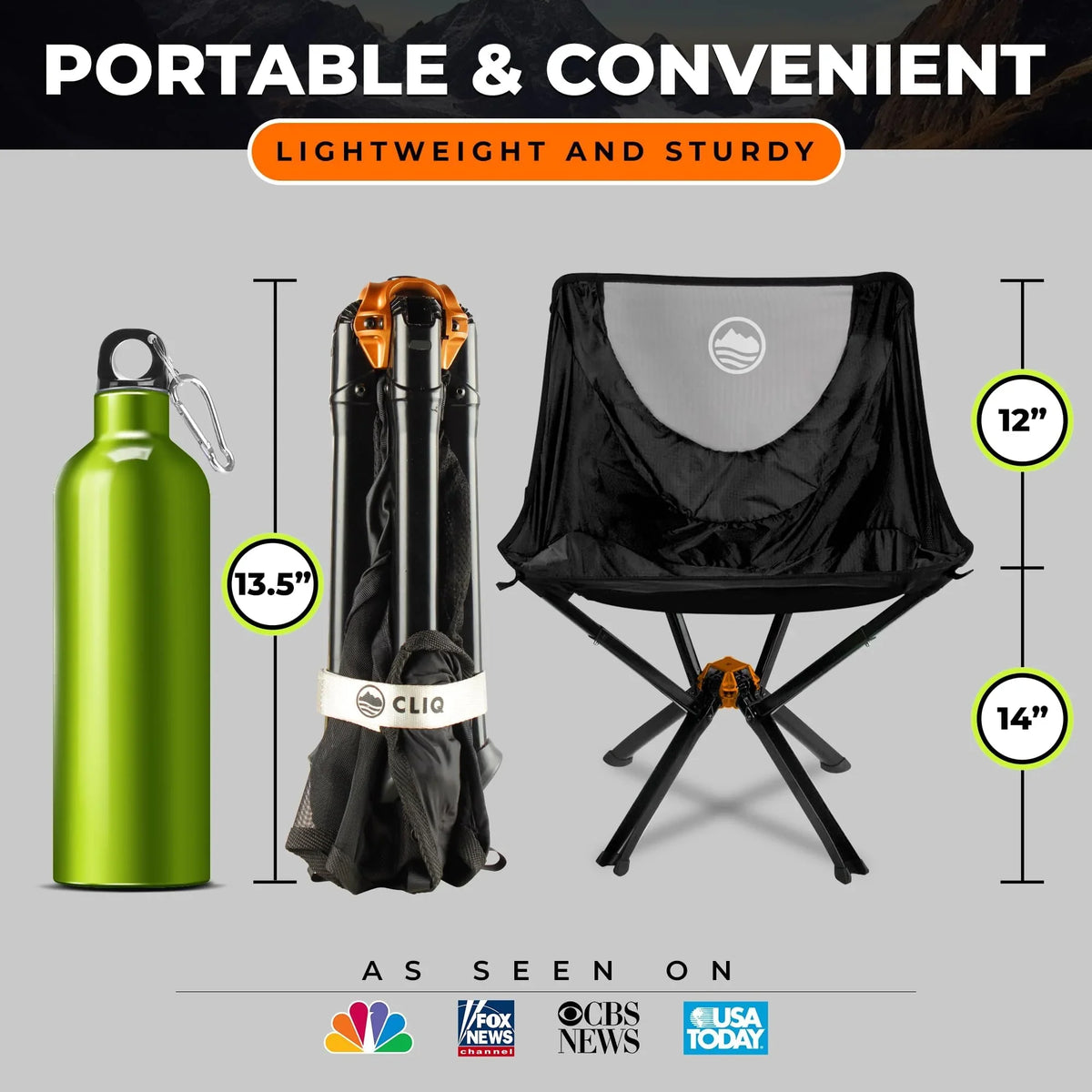 CLIQ Portable Folding Camping Chair, 300 Lbs, Black - CC01