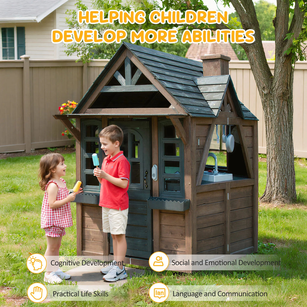 COCLUB Wooden Outdoor Playhouse With Doorbell, Phone And Kitchen Toys, 45in L x 43in W x 65in H