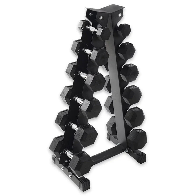 Fitness Rubber Dumbbell Weight Set With Rack, 210 Lbs (5-30 Lbs)