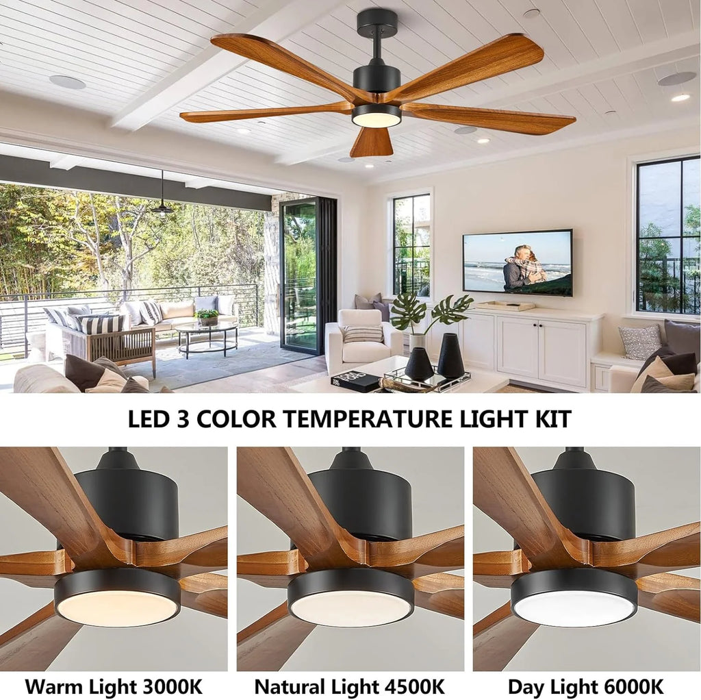 BOOSANT 60 inch Ceiling Fan With LED Light, 5 Solid Wood Blades, 6 Speeds, Deep Brown - 8727