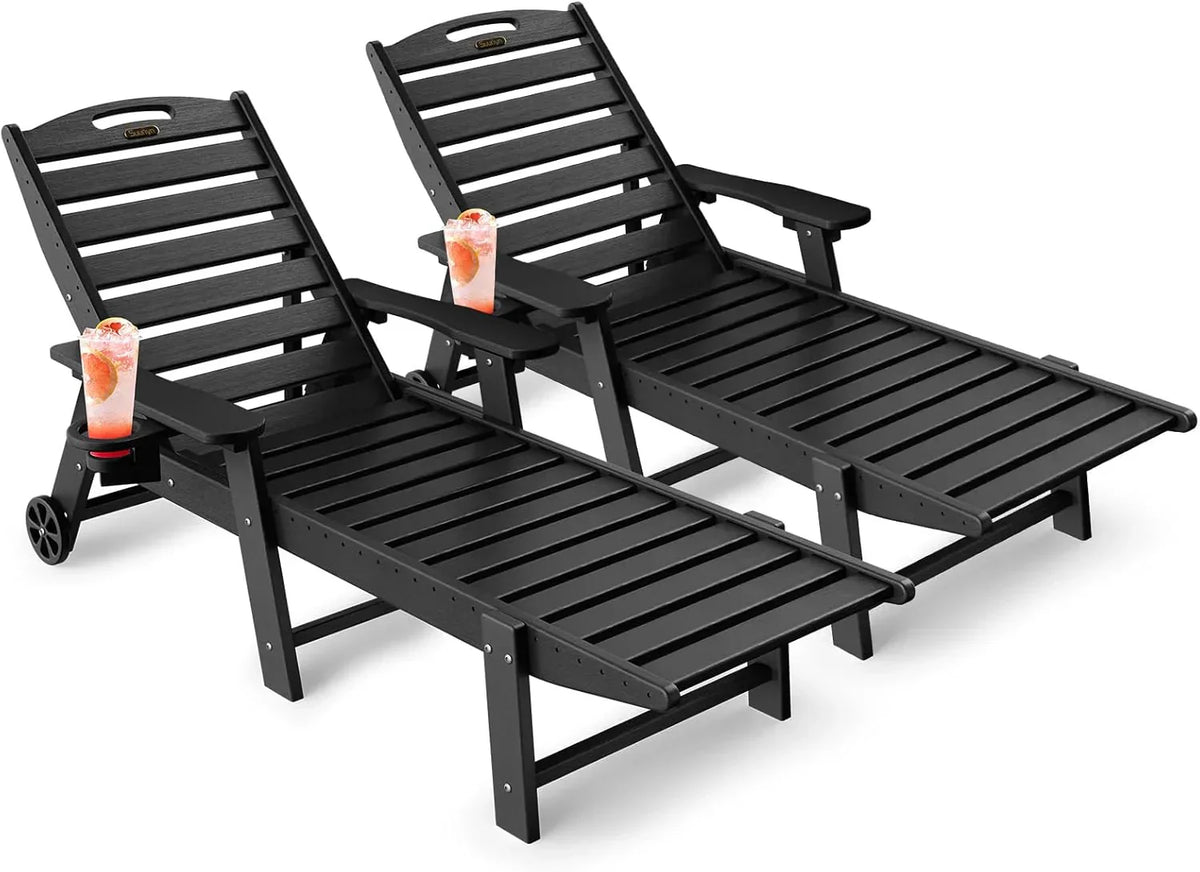 SUUNYN HDPE 6-Position Outdoor Chaise Lounge Chair With Wheels And Cup Holder - Teak