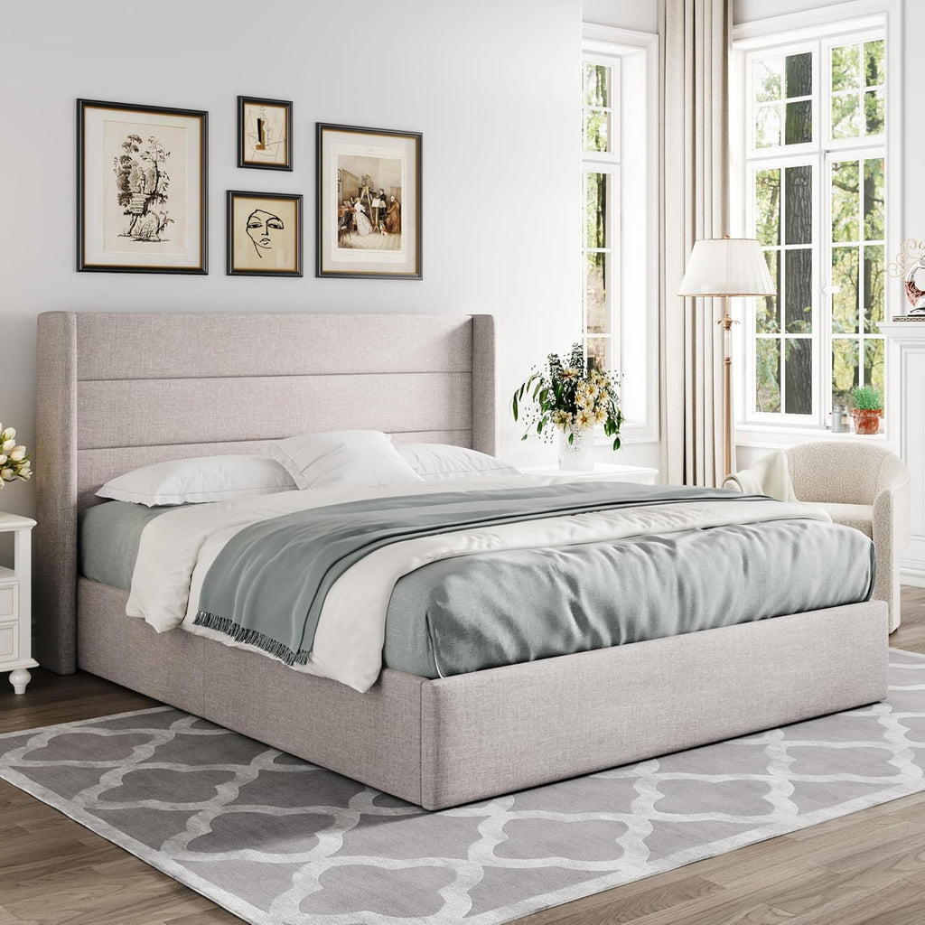 Queen Size Lift-Up Storage Bed With Wingback Headboard, Upholstered Platform Bed Frame With Hidden Storage