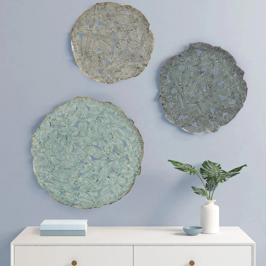Textured Feather 3-Piece Metal Disc Wall Decor Set - 20in, 17.25in, 14.25in