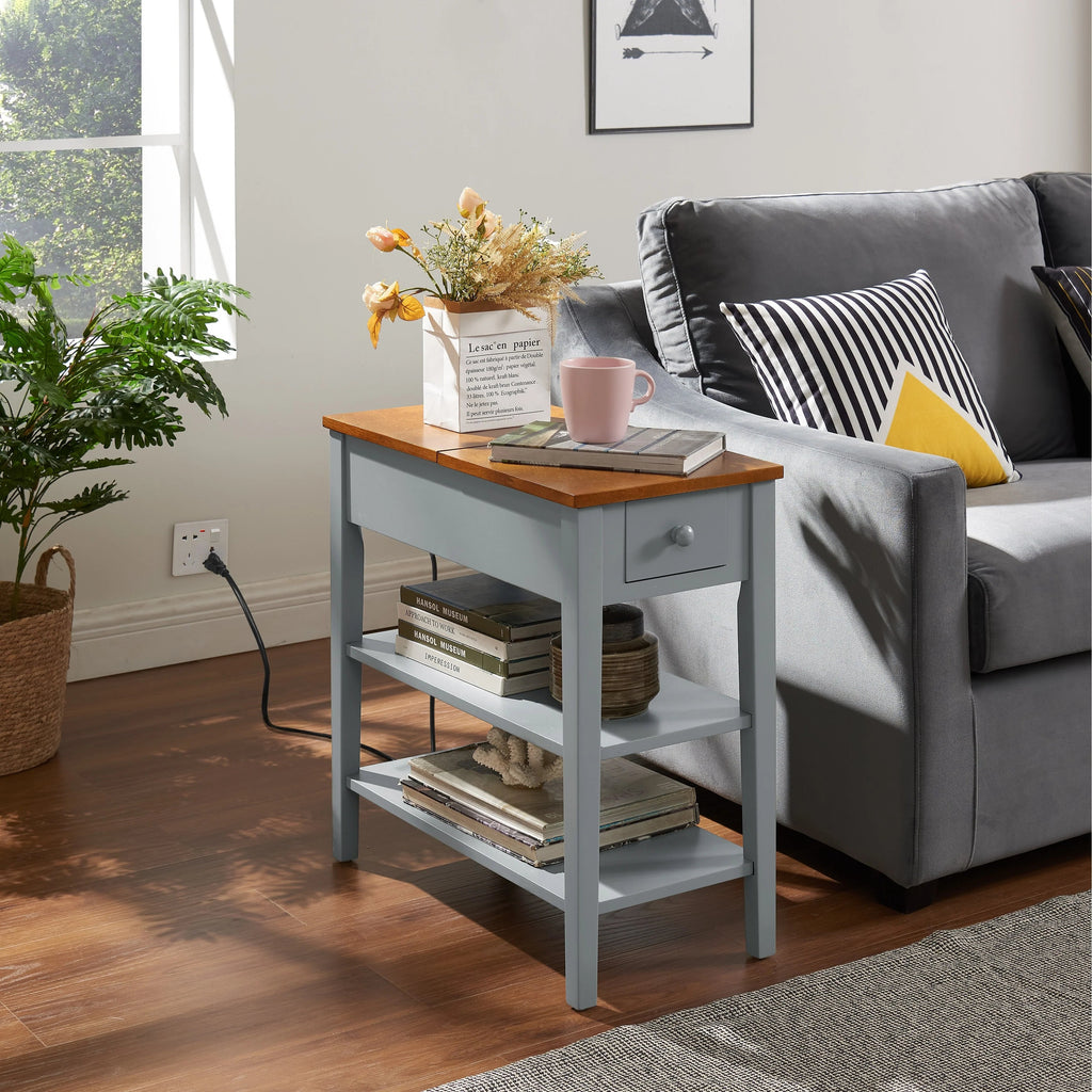 Narrow 2-Tone End Table With USB Charging Ports, 11.8 Inches Wide