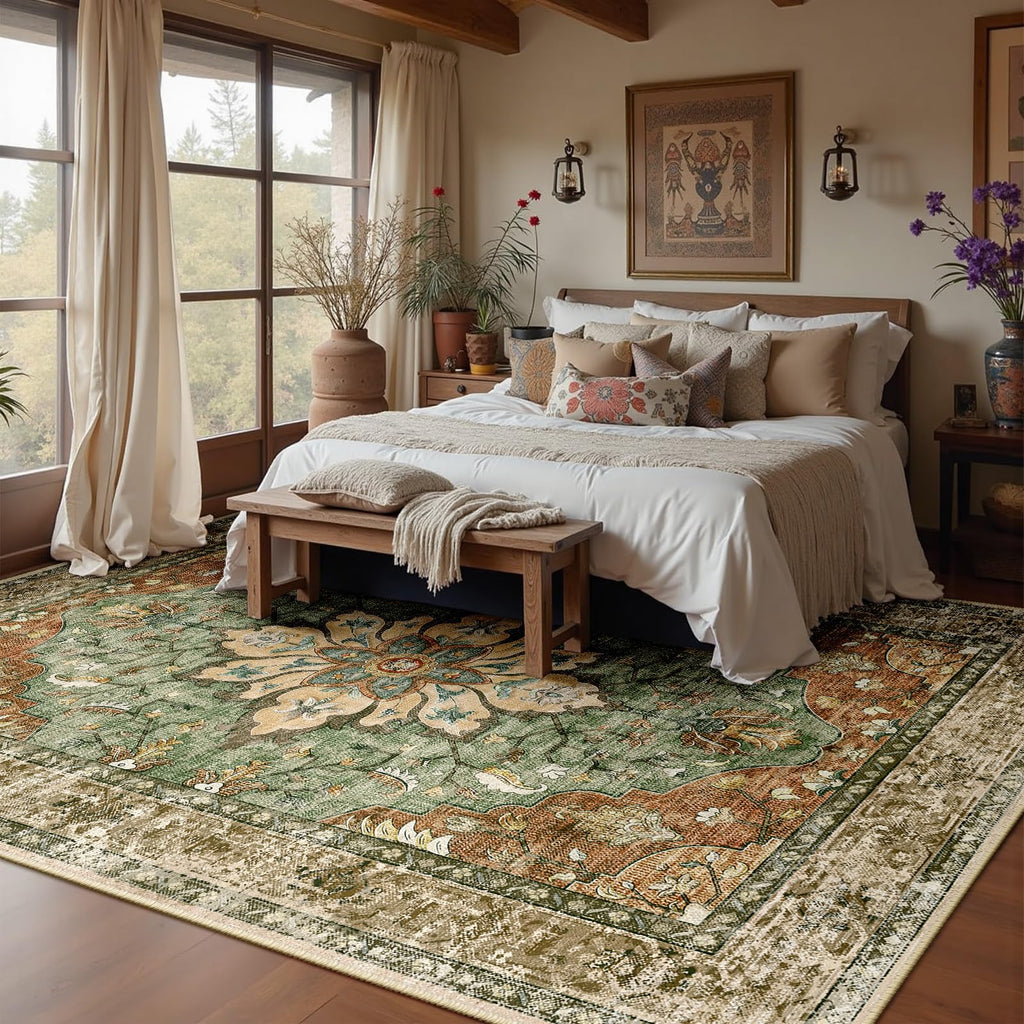 8x10 Washable Floral Medallion Area Rug With Non-Slip Backing