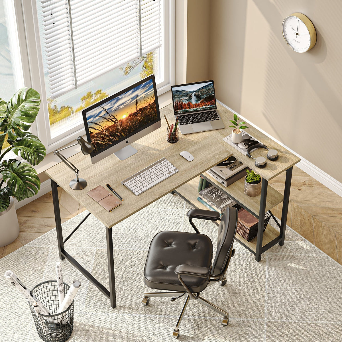 Small L-Shaped Computer Desk With Reversible Storage Shelves - 55-Inch / 47-Inch