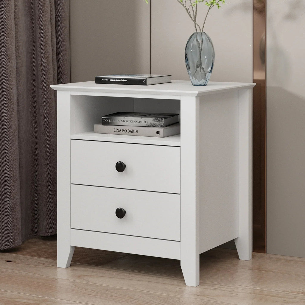 White Nightstand With 2 Drawers And 1 Open Shelf - 21.7 Inch Tall