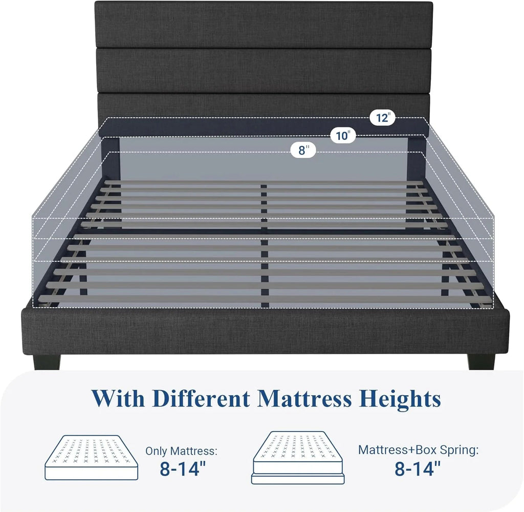 Queen Size Upholstered Platform Bed Frame With Headboard - Dark Gray Fabric