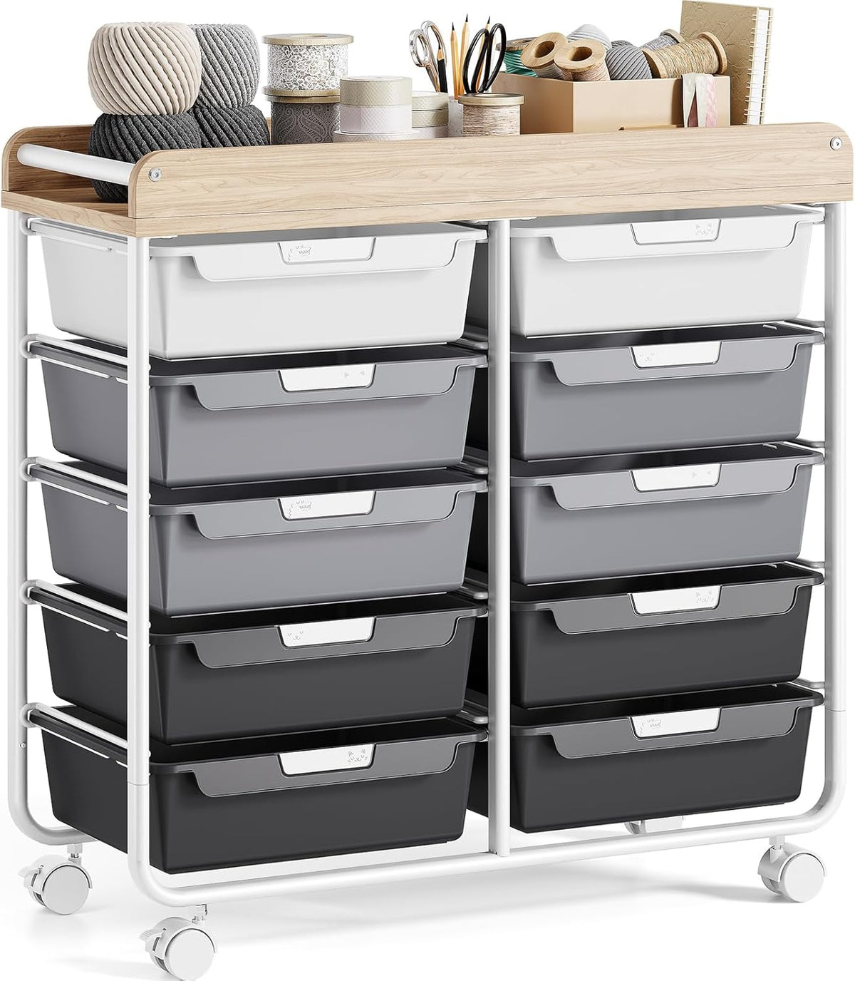 Rolling Storage Cart With 10 Large Drawers And Wooden Tabletop - Green