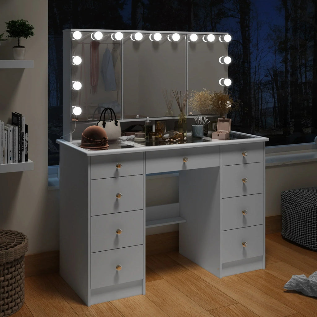 Makeup Vanity Dresser With Tri-Fold Mirror, Glass Top And 15 Bulbs - 40.2 x 53.6 x 19.7