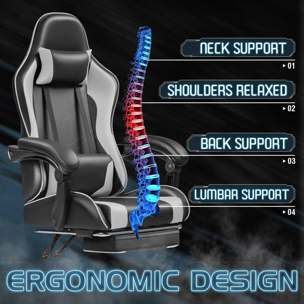 Ergonomic Gaming Chair With Footrest, Massage Lumbar Support, Reclining Backrest And PU Leather