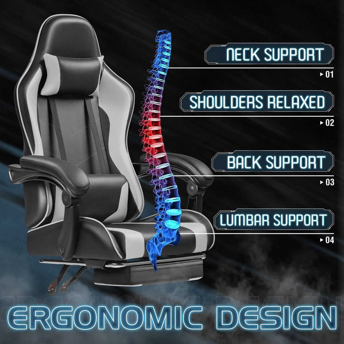 Ergonomic Gaming Chair With Footrest, Massage Lumbar Support, Reclining Backrest And PU Leather
