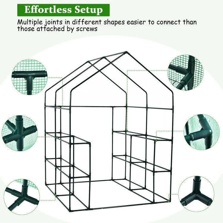Walk-In Garden Greenhouse With Observation Windows, 56 in x 56 in x 77 in, 8 Shelves, Green