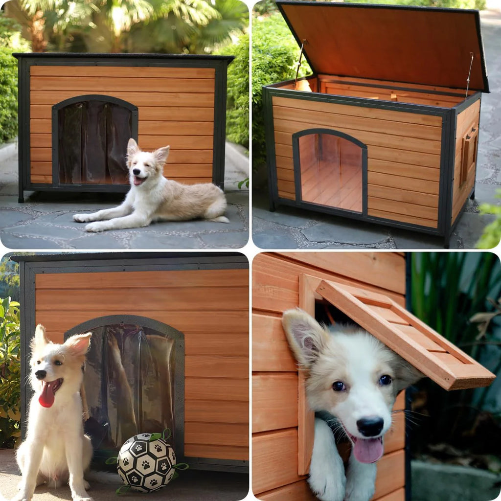 43.3-Inch L-Shaped Outdoor Insulated Dog House, Brown