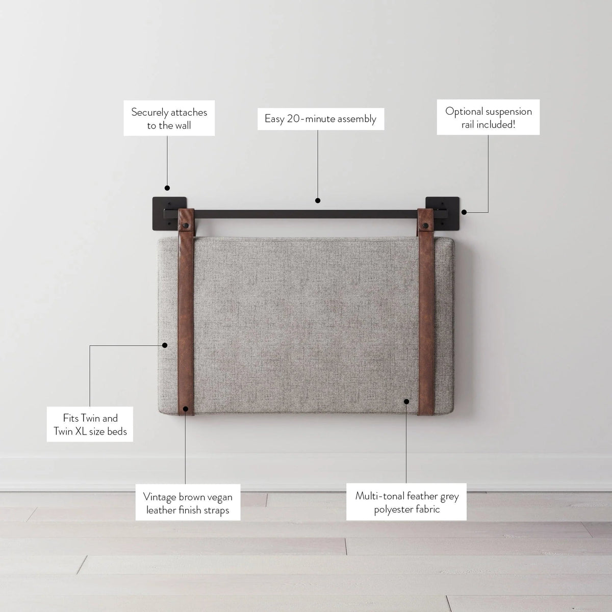 Wall-Mount Upholstered Headboard With Metal Rail - Twin, Queen & King