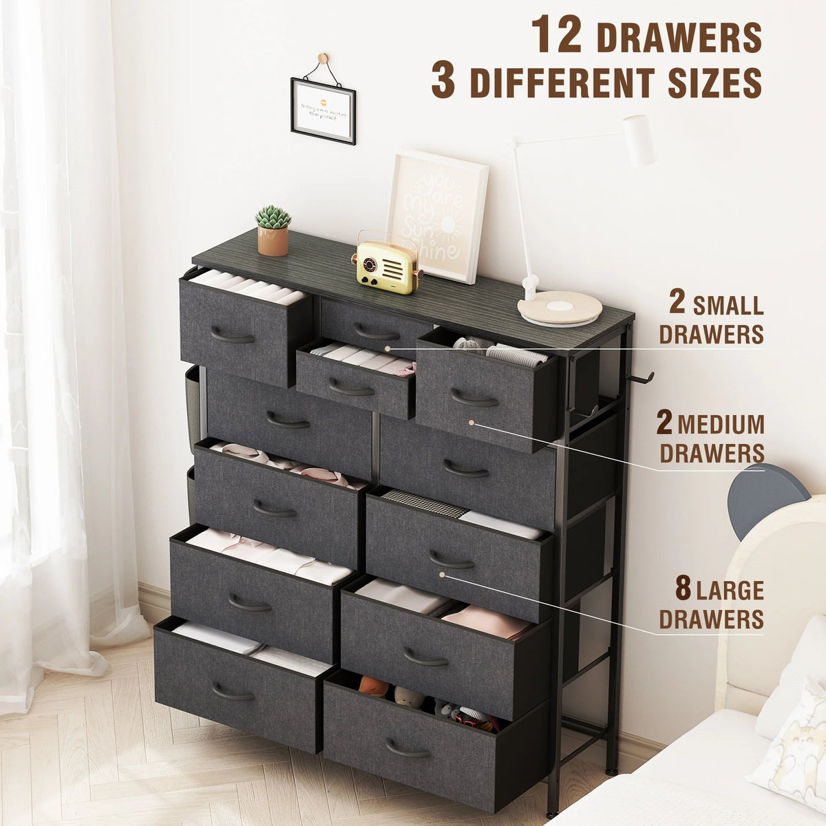 12-Drawer Fabric Dresser With Wood Top And Metal Frame