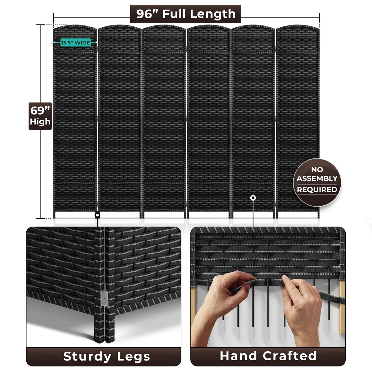 6-Panel Room Divider Privacy Screen With Hand-Woven Mesh Panels - 6 Ft Tall