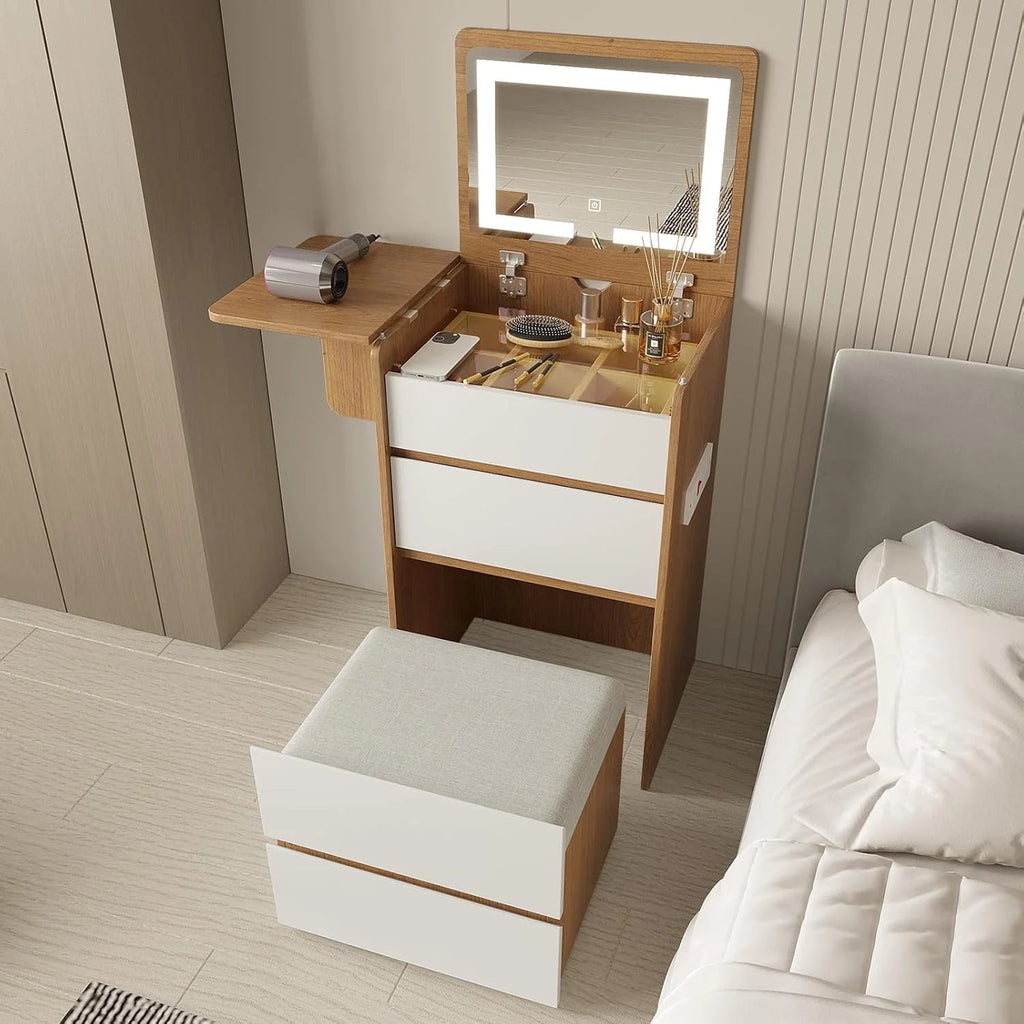 3-in-1 Vanity Desk Set With Flip-Top Lighted Mirror, Storage Stool And 15.7*19.7*31.5 Inches Table