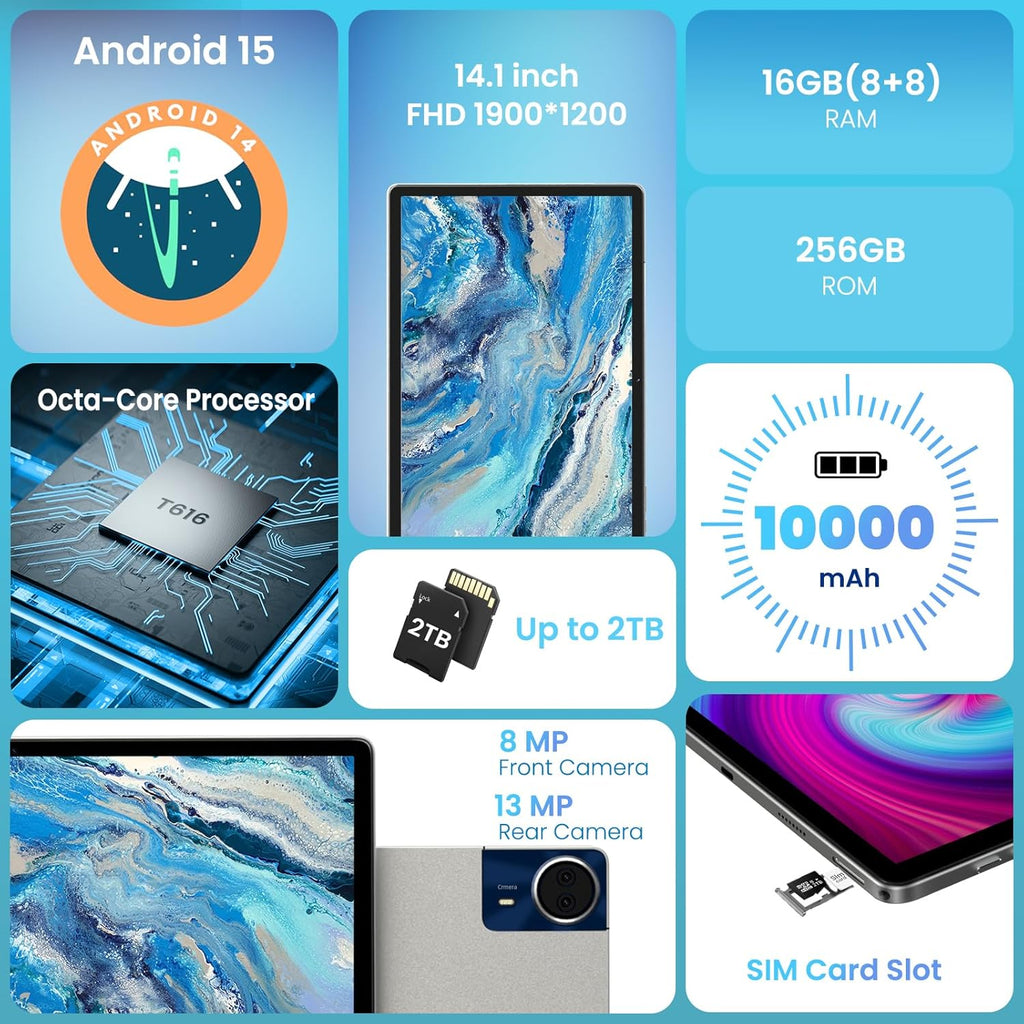 14 Inch Android 15 Tablet, 16GB RAM, 256GB Storage, 4G LTE