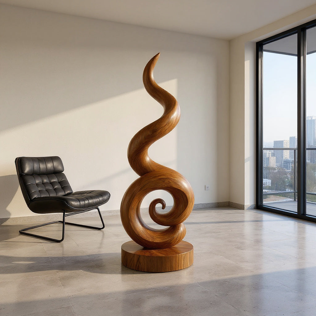 Coastal Spiral Wood Sculpture For Luxury Poolside Patio Decor