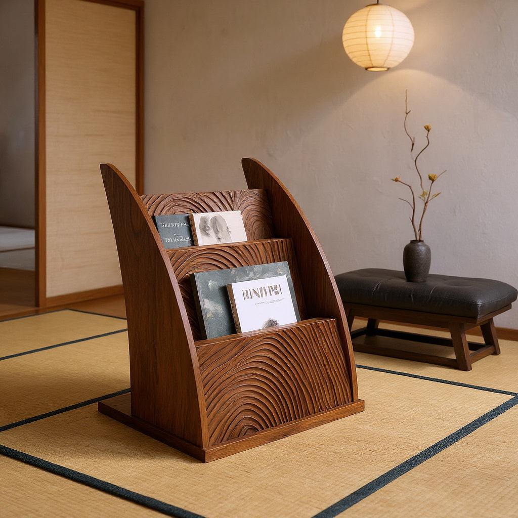Contemporary Carved Wood Magazine Rack For Reading Corner