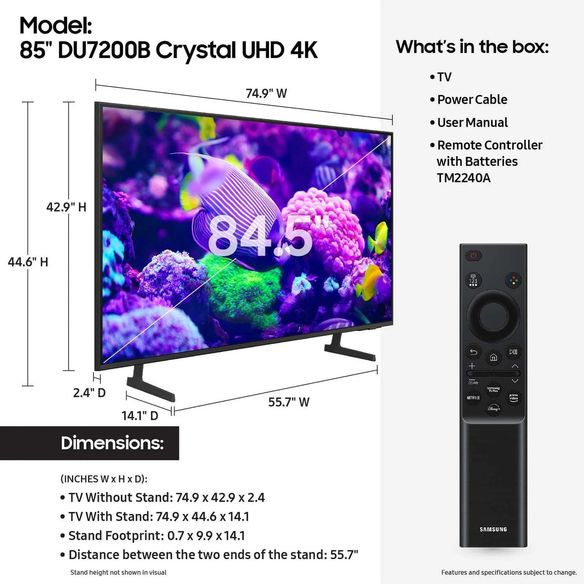 Samsung 85 inch Crystal UHD 4K Smart TV With PurColor And HDR - DU7200B
