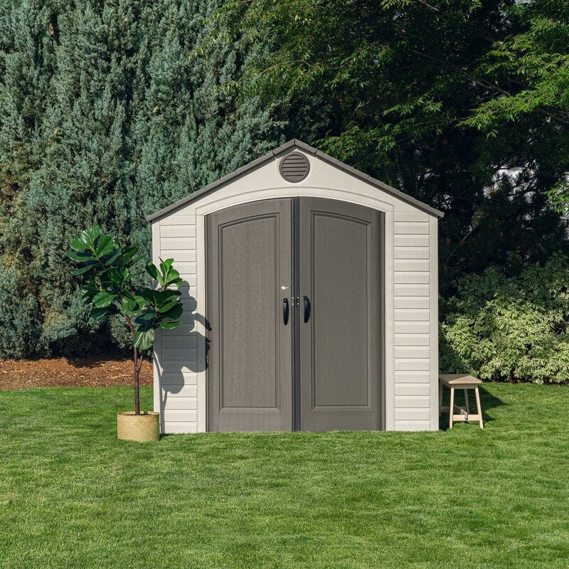 Plastic Storage Shed, 8 ft. W x 12.5 ft. D, Desert Tan And Dark Brown