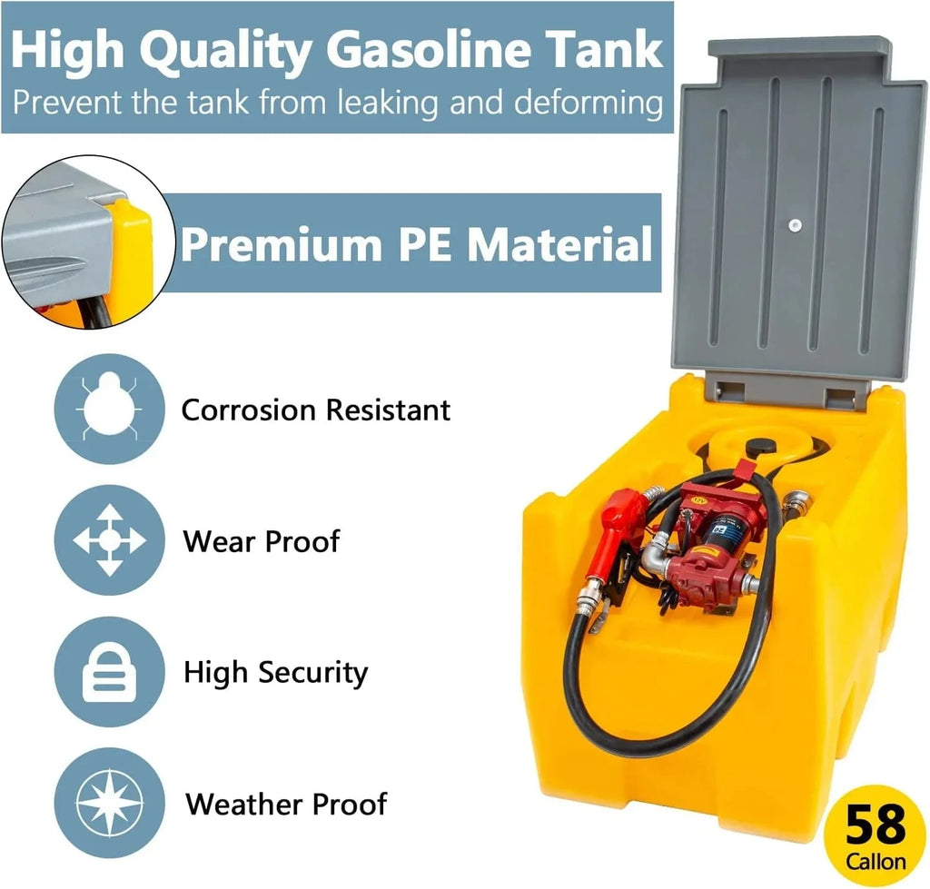 TECSPACE Portable Gasoline Tank, 58 Gallon, 12V Pump, 40 GPM, 4 Meters Hose, Yellow - VVSV