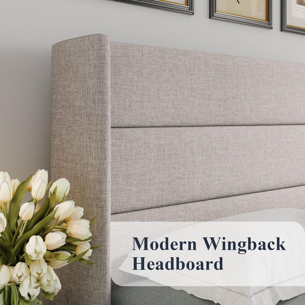Queen Size Lift-Up Storage Bed With Wingback Headboard, Upholstered Platform Bed Frame With Hidden Storage
