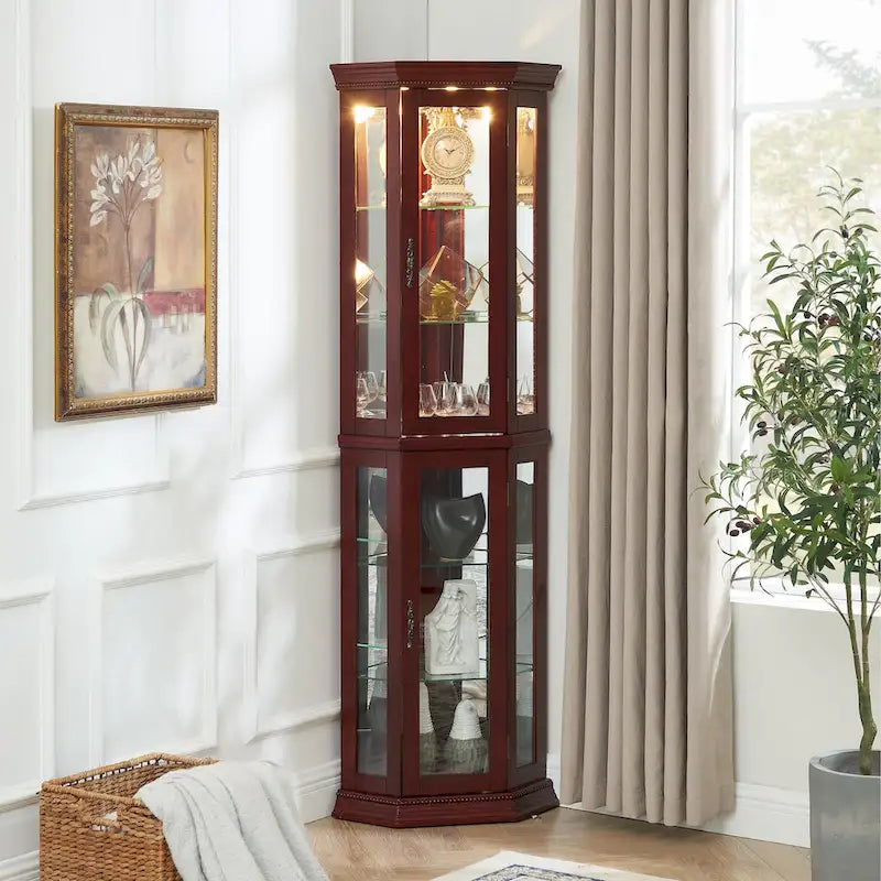 Corner Curio Display Cabinet With Lights, Mirrored Back And 6 Tempered Glass Shelves