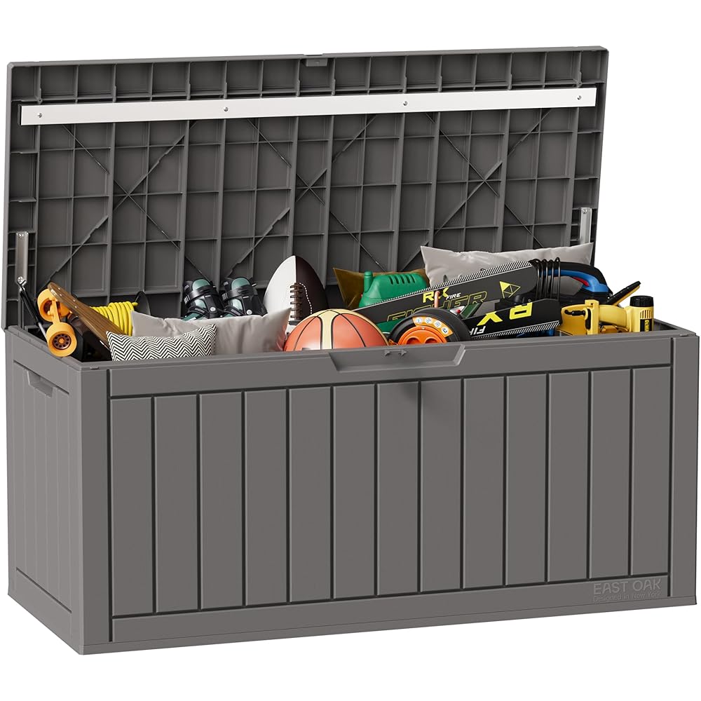 EAST OAK Outdoor Storage Box, 90 Gallon, Grey Resin - 46.85in L x 20.47in W x 23.11in H