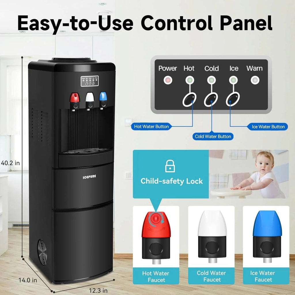 3-in-1 Hot and Cold Water Cooler With Built-In Ice Maker, Top Loading, Black - 3-5 Gallon Bottles