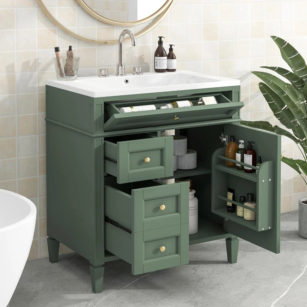 36 Inch Black Bathroom Vanity With Single Sink, 2 Drawers, Solid Wood Frame