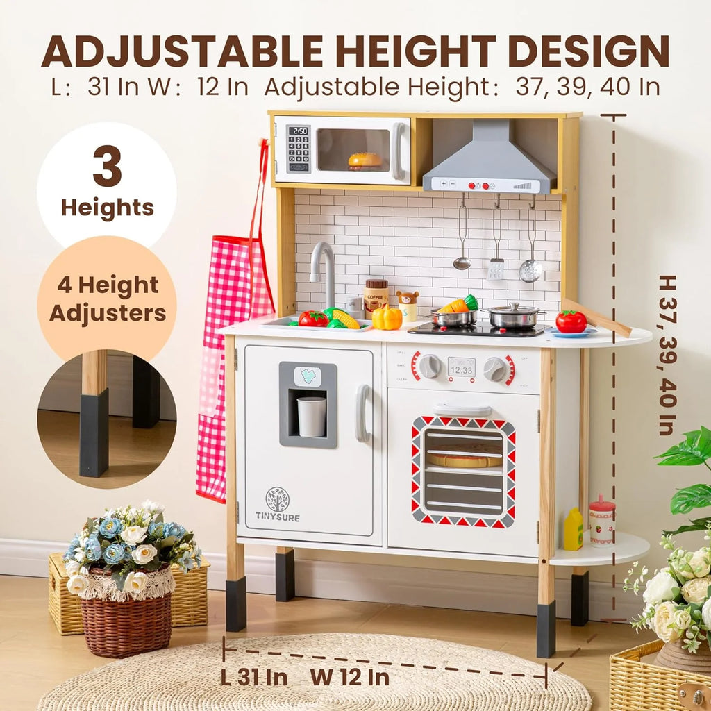 TINYSURE Kids' Wooden Play Kitchen With Lights, Sounds And Toy Food Set - B0CBQF1KCQ