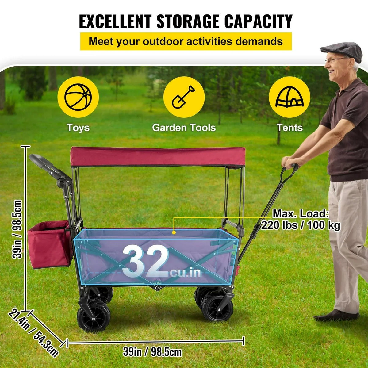 Red Collapsible Wagon Cart With Canopy, 220.5 lbs Capacity, 39 x 21.4 x 39 inches
