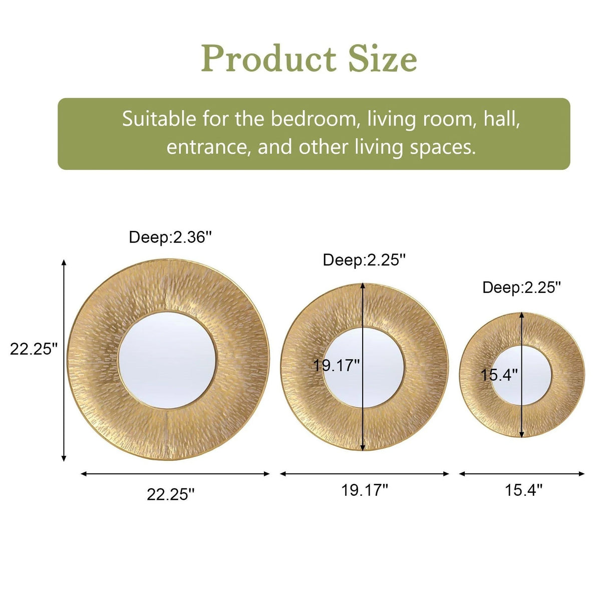 3-Piece Gold Metal Round Wall Mirror Set - 22.25" x 2.36", 19.7" x 2.25", 15.4" x 2.25"