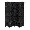 6 Ft Tall Four-Panel Wicker Weave Room Divider, Black Wood Privacy Screen