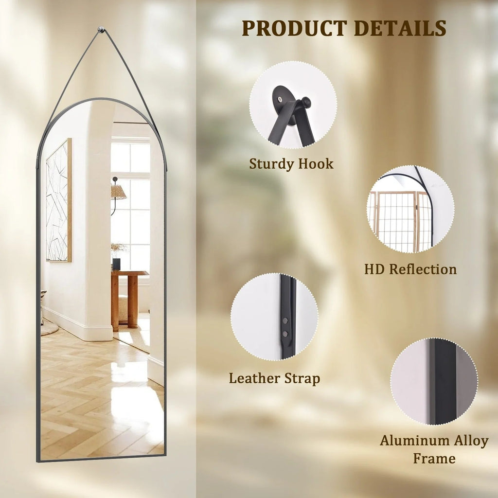 Full Length Wall Mirror, 48 x 16 Inch, Black, Leather Strap