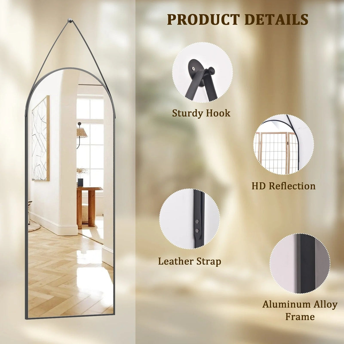 Full Length Wall Mirror, 48 x 16 Inch, Black, Leather Strap