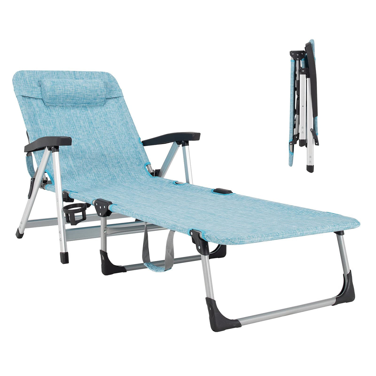 Folding Outdoor Chaise Lounge Chair With Cup Holder, Detachable Headrest, 330 lbs. Capacity - 53-75 in