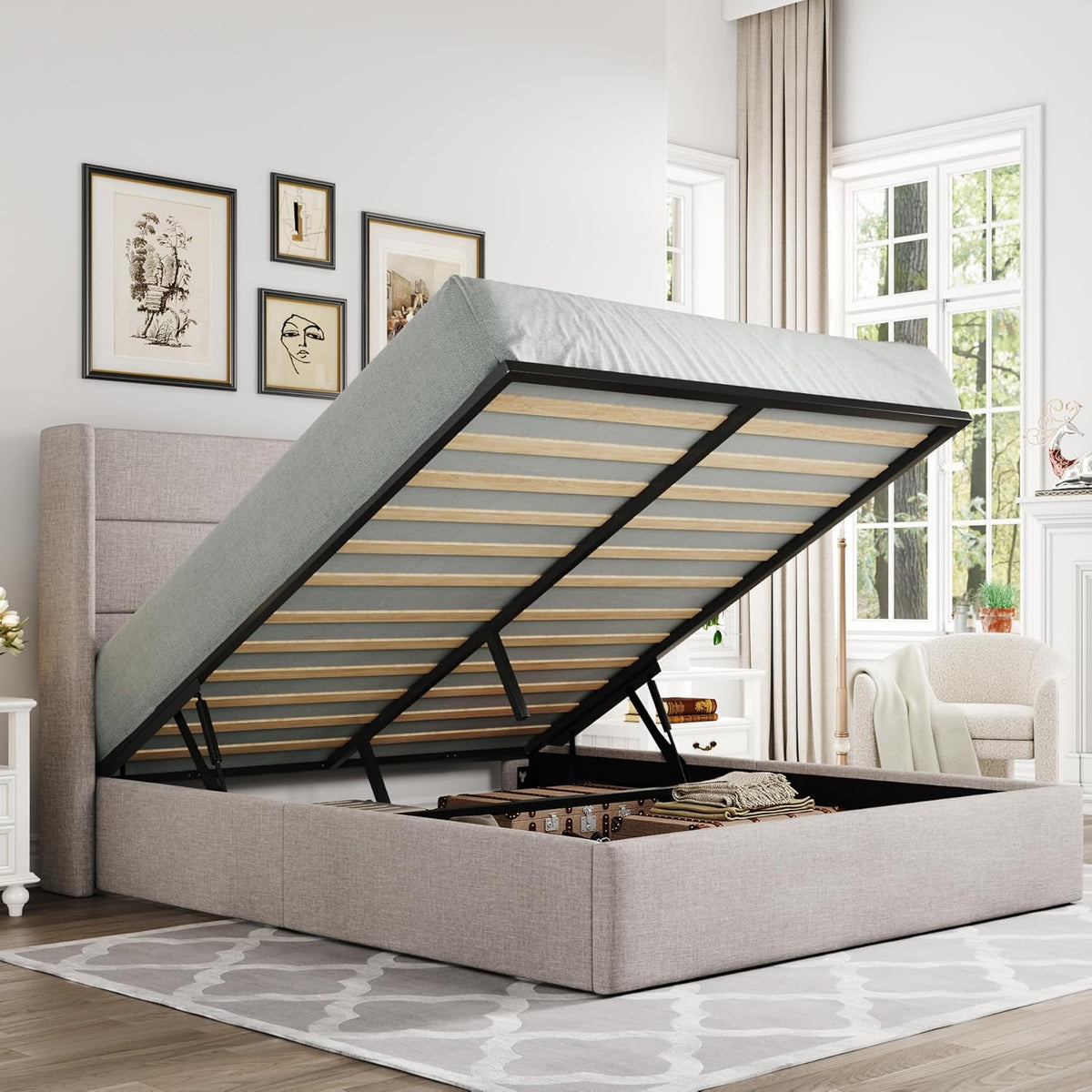 Queen Size Lift-Up Storage Bed With Wingback Headboard, Upholstered Platform Bed Frame With Hidden Storage