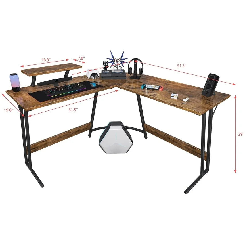 L-Shaped Gaming Computer Desk With Removable Monitor Stand, 51.3 in x 19.8 in x 29 in