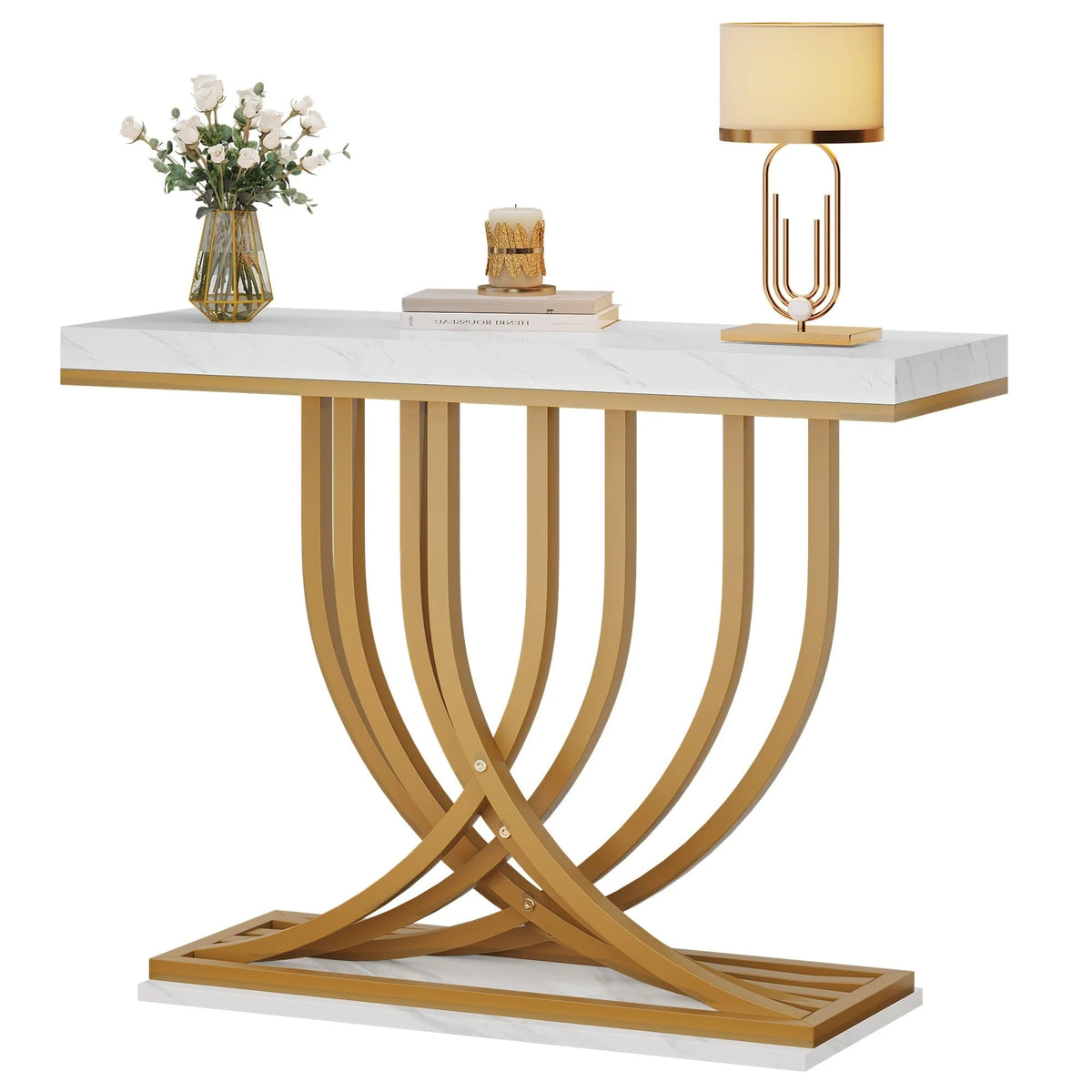 Console Table With Faux Marble MDF Top And Gold Metal Frame