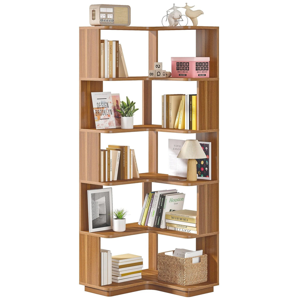 6-Tier Corner Bookshelf, 64.9 Inch Tall, Freestanding Wood Industrial Bookcase