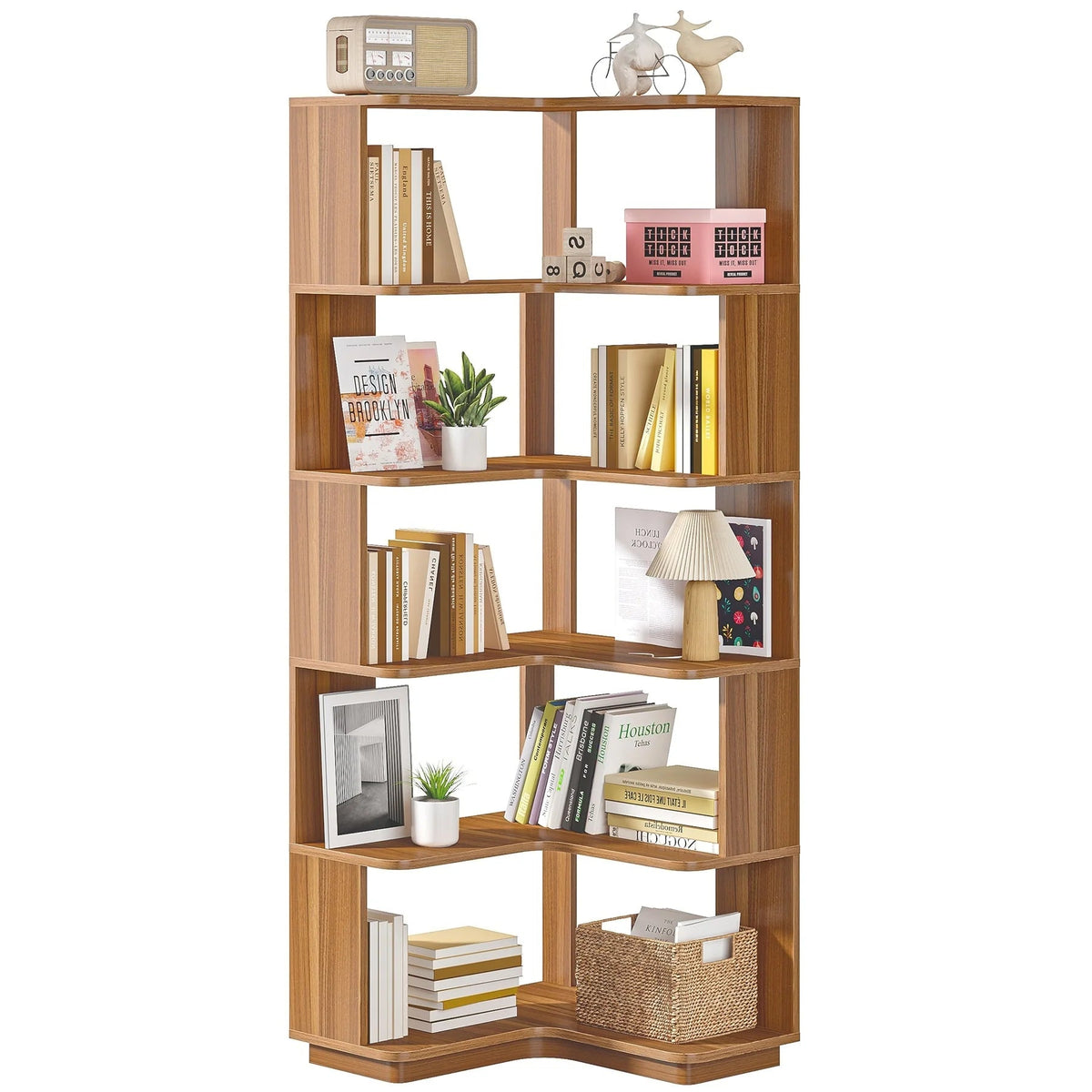 6-Tier Corner Bookshelf, 64.9 Inch Tall, Freestanding Wood Industrial Bookcase