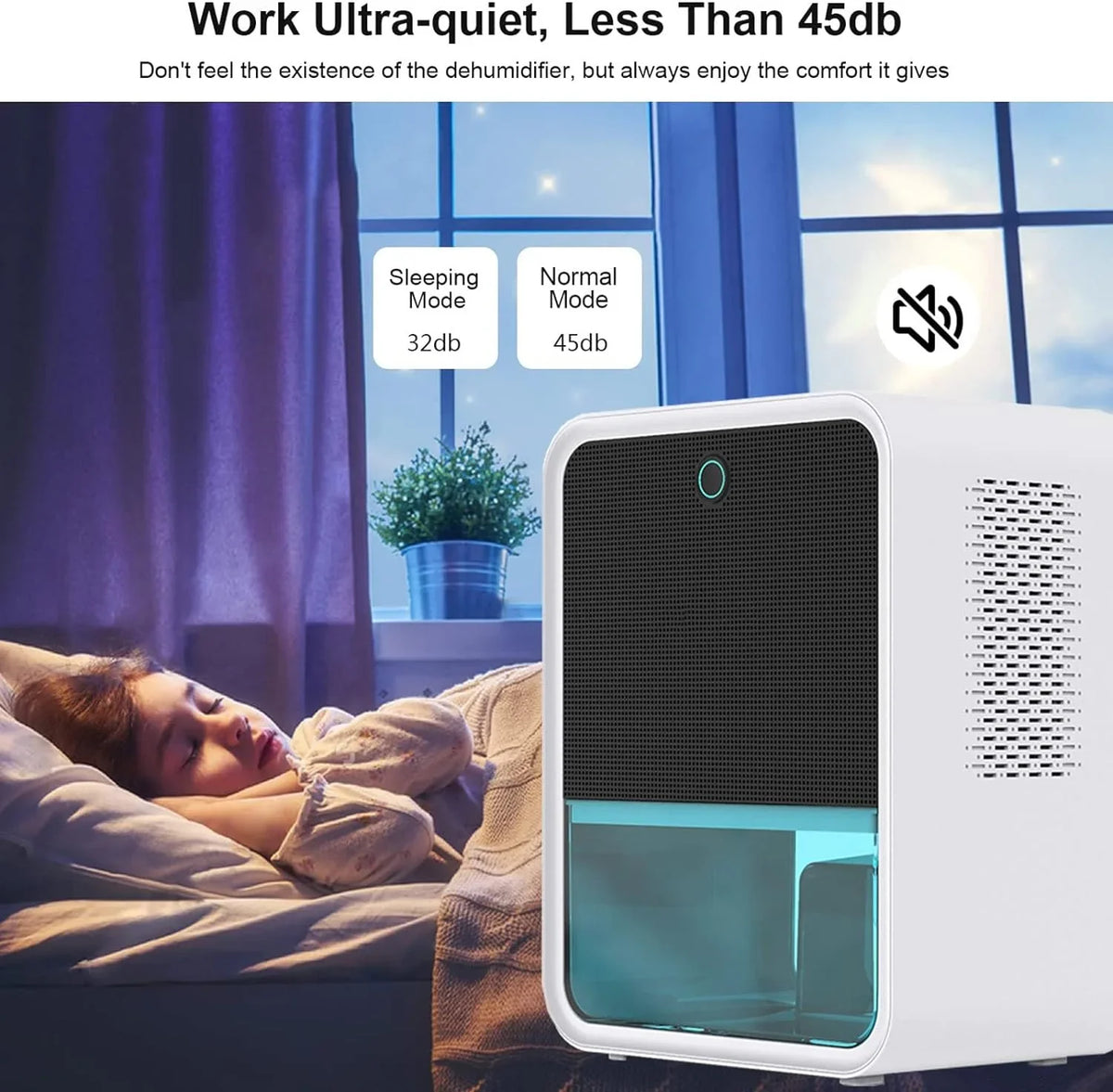VCJNMQ Bedroom Dehumidifier With Hygrometer, 2.2L Water Tank, RGB LED Light